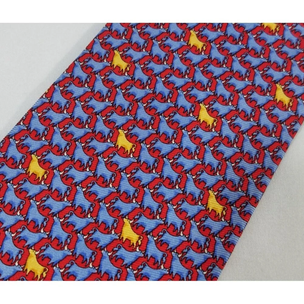 Jos A. Bank Mens Silk Tie Executive Collection Red Blue Cow Bull Steer Print